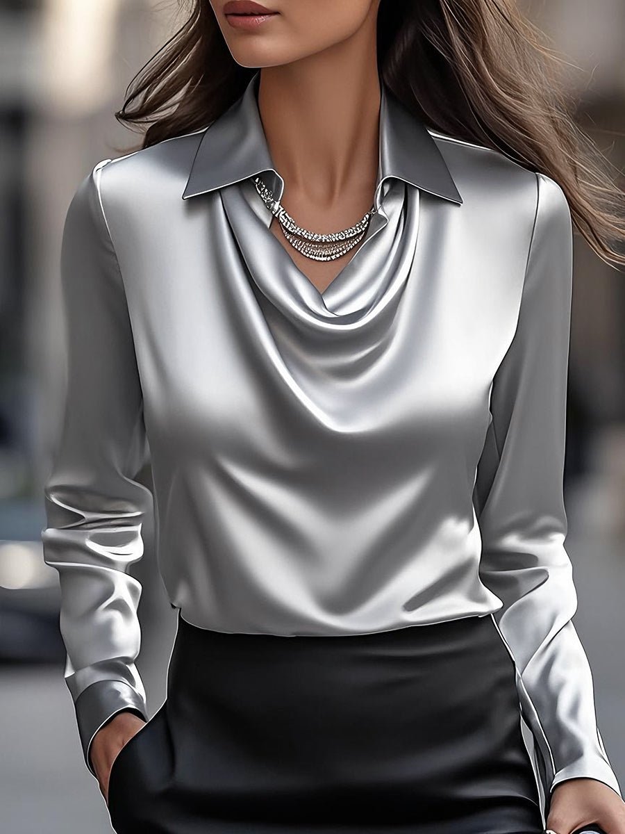 Women’s Satin Blouse with Draped Neckline – Elegant Long Sleeve Top for Work & Evenings - GET SOVERAAA961-GS-Gray-XS(2)