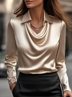 Women’s Satin Blouse with Draped Neckline – Elegant Long Sleeve Top for Work & Evenings - GET SOVERAAA961-GS-Champagne-XS(2)