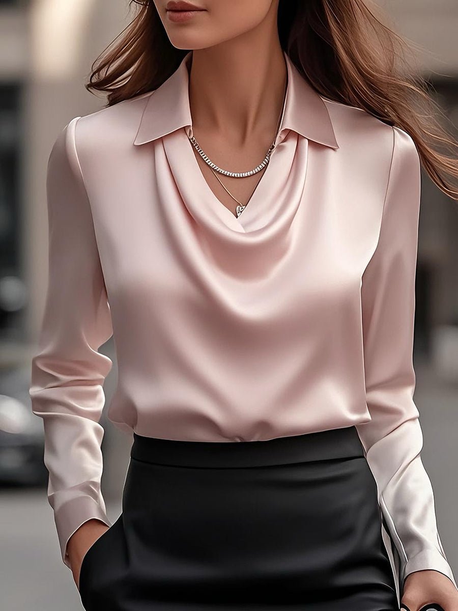 Women’s Satin Blouse with Draped Neckline – Elegant Long Sleeve Top for Work & Evenings - GET SOVERAAA961-GS-Pink-XS(2)