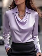 Women’s Satin Blouse with Draped Neckline – Elegant Long Sleeve Top for Work & Evenings - GET SOVERAAA961-GS-Lavender-XS(2)