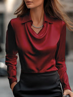 Women’s Satin Blouse with Draped Neckline – Elegant Long Sleeve Top for Work & Evenings - GET SOVERAAA961-GS-Burgundy-XS(2)