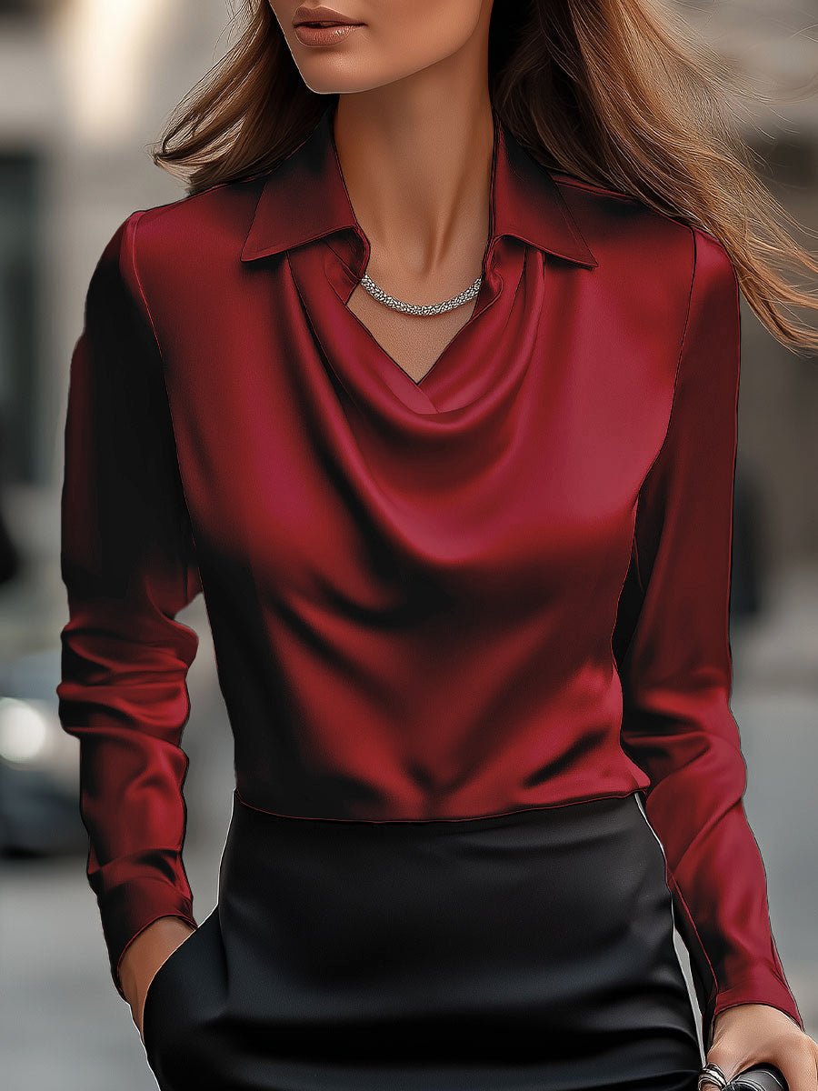 Women’s Satin Blouse with Draped Neckline – Elegant Long Sleeve Top for Work & Evenings - GET SOVERAAA961-GS-Burgundy-XS(2)
