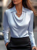 Women’s Satin Blouse with Draped Neckline – Elegant Long Sleeve Top for Work & Evenings - GET SOVERAAA961-GS-Light Blue-XS(2)