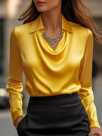 Women’s Satin Blouse with Draped Neckline – Elegant Long Sleeve Top for Work & Evenings - GET SOVERAAA961-GS-Yellow-XS(2)