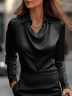 Women’s Satin Blouse with Draped Neckline – Elegant Long Sleeve Top for Work & Evenings - GET SOVERAAA961-GS-Black-XS(2)