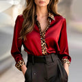 Amoria | Women's Satin Blouse Leopard Print Trim Button-Front