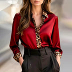 Amoria | Women's Satin Blouse Leopard Print Trim Button-Front