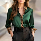 Amoria | Women's Satin Blouse Leopard Print Trim Button-Front
