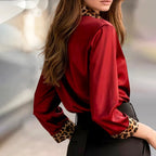 Amoria | Women's Satin Blouse Leopard Print Trim Button-Front
