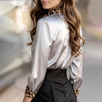 Amoria | Women's Satin Blouse Leopard Print Trim Button-Front
