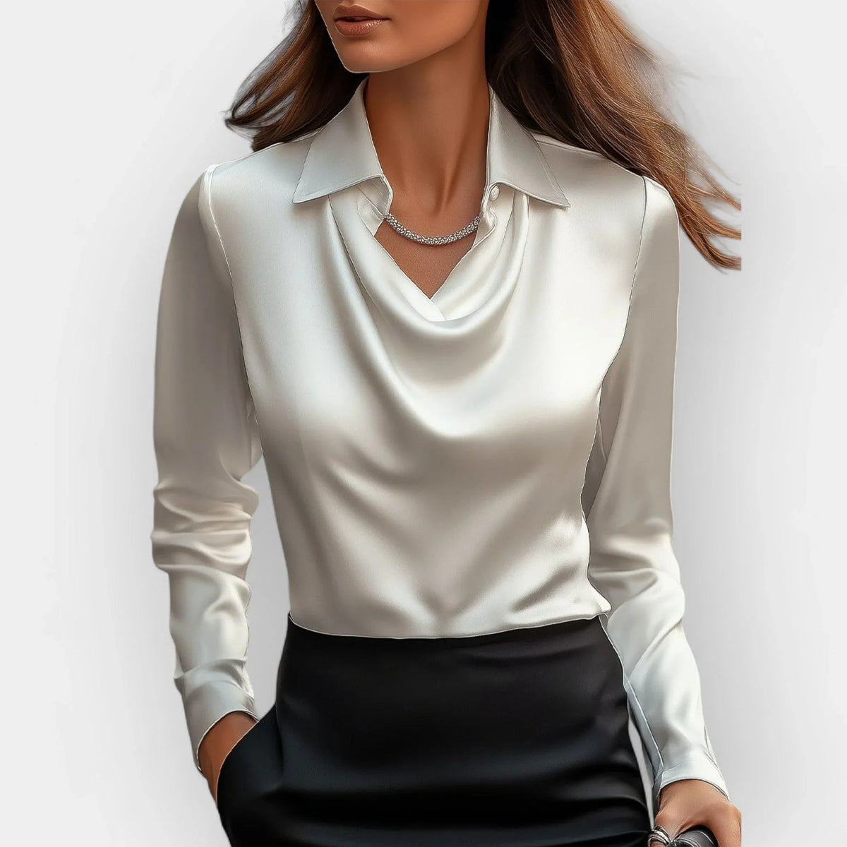 Camryn | Women's Satin Waterfall Neckline Blouse Long Sleeve
