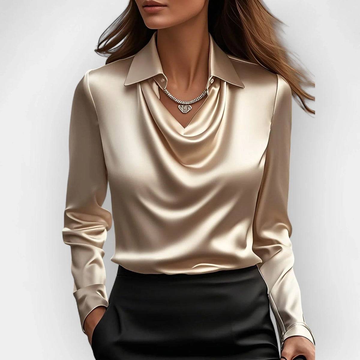 Camryn | Women's Satin Waterfall Neckline Blouse Long Sleeve
