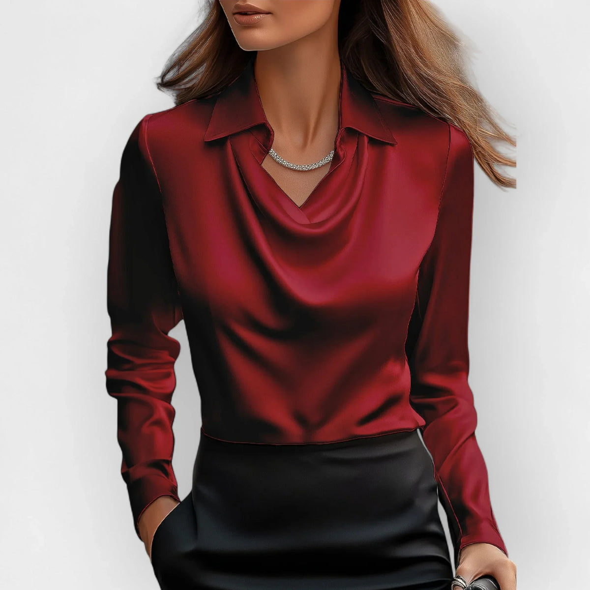 Camryn | Women's Satin Waterfall Neckline Blouse Long Sleeve