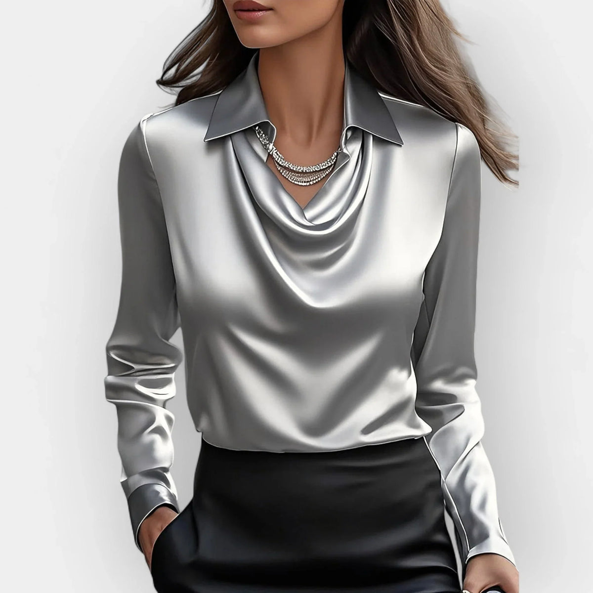 Camryn | Women's Satin Waterfall Neckline Blouse Long Sleeve