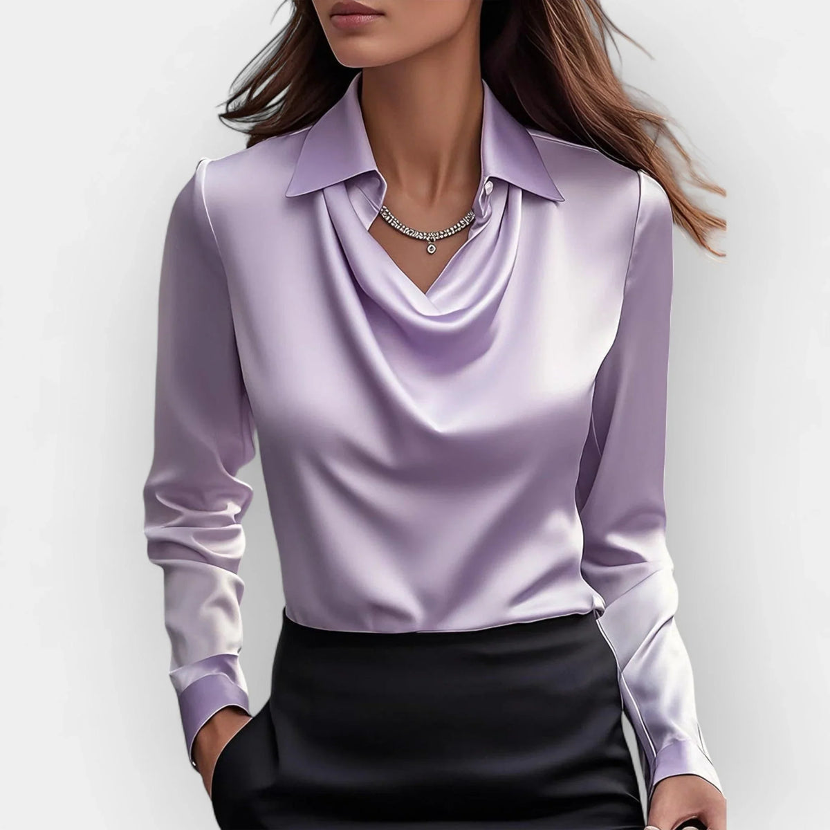 Camryn | Women's Satin Waterfall Neckline Blouse Long Sleeve