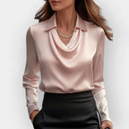 Camryn | Women's Satin Waterfall Neckline Blouse Long Sleeve