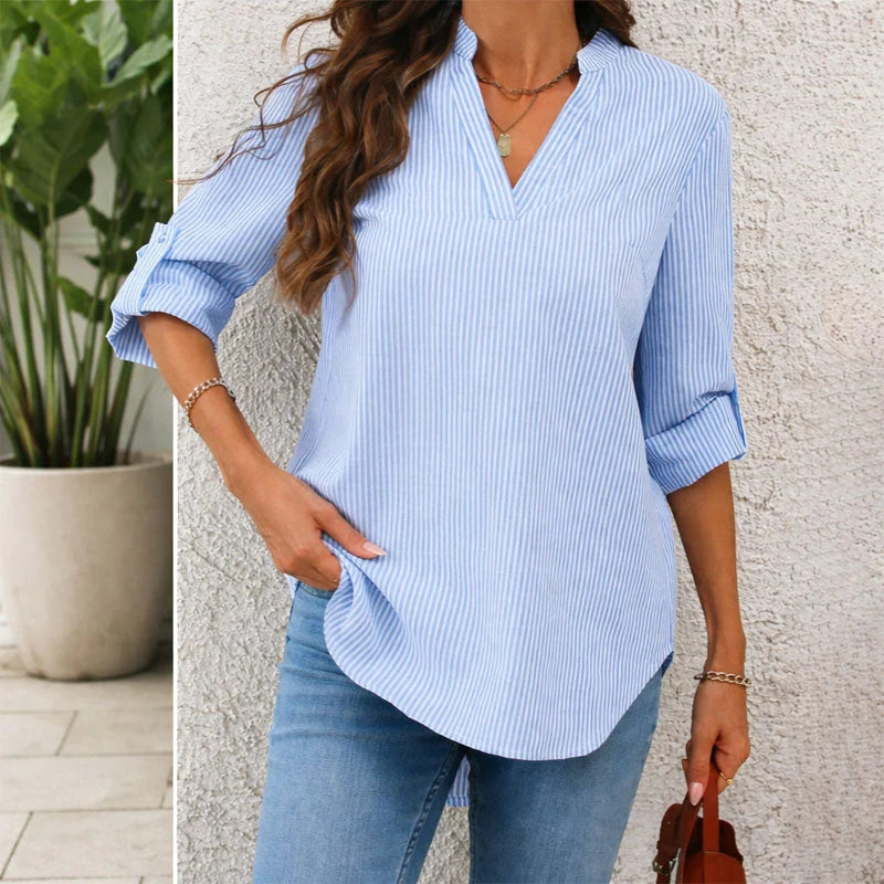 Celestara | Women's Striped Blouse V-Neck Long Sleeve