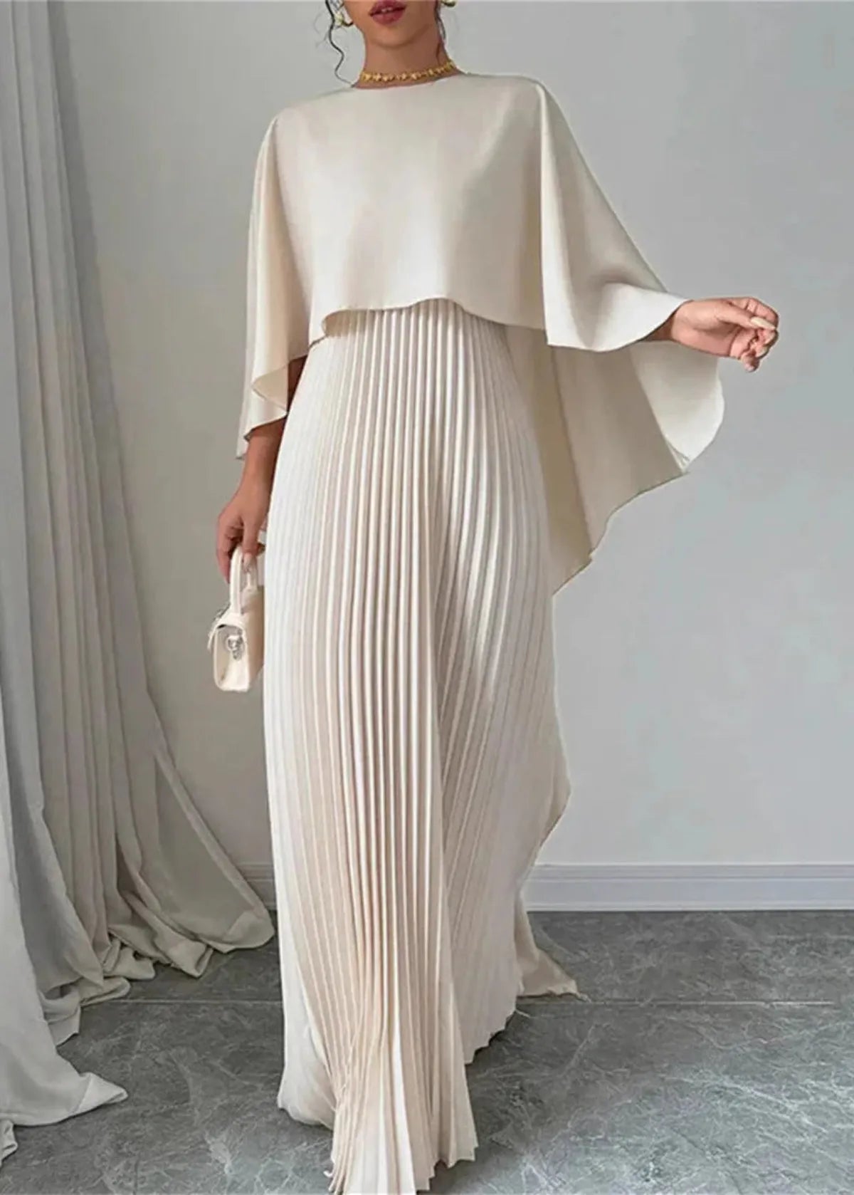 Makayla | Women's Cape Maxi Dress Pleated Wedding Guest