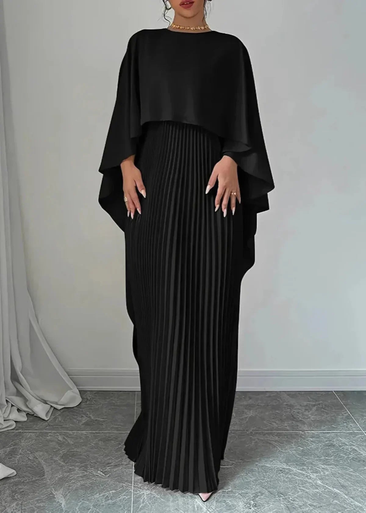 Makayla | Women's Cape Maxi Dress Pleated Wedding Guest