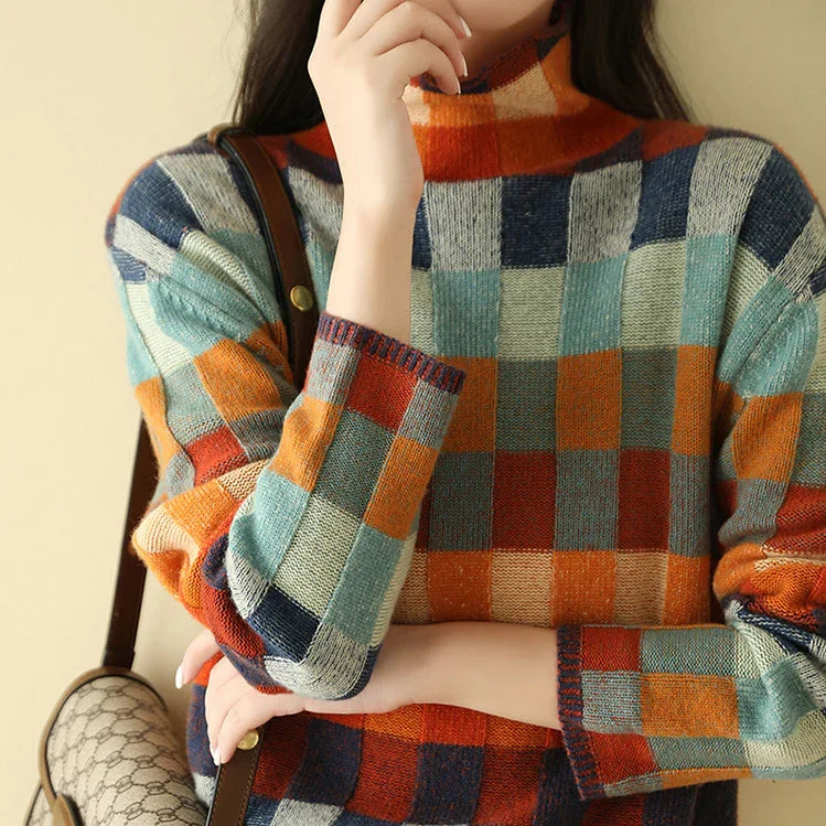 Cordelia | Women's Checked Knit Sweater Oversized High Neck