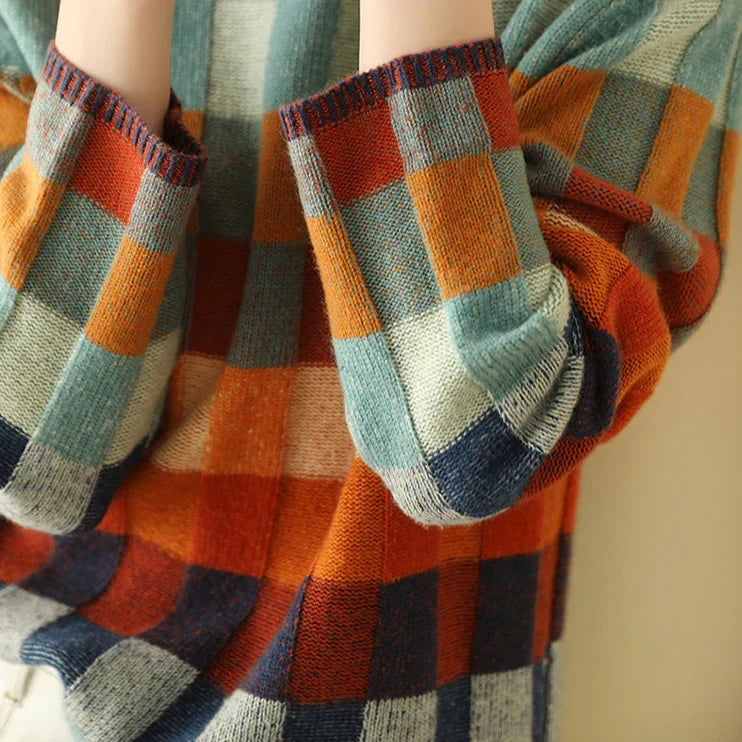 Cordelia | Women's Checked Knit Sweater Oversized High Neck