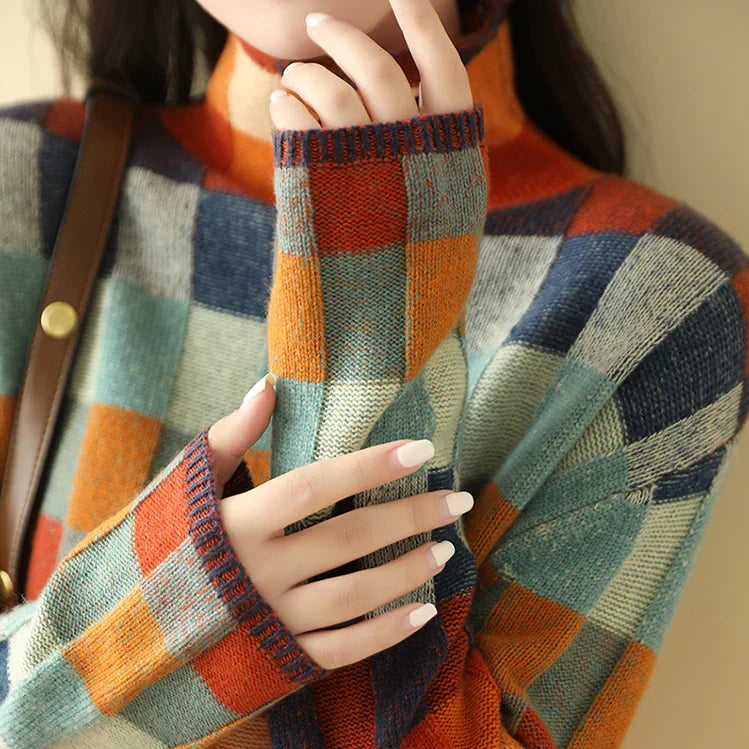 Cordelia | Women's Checked Knit Sweater Oversized High Neck