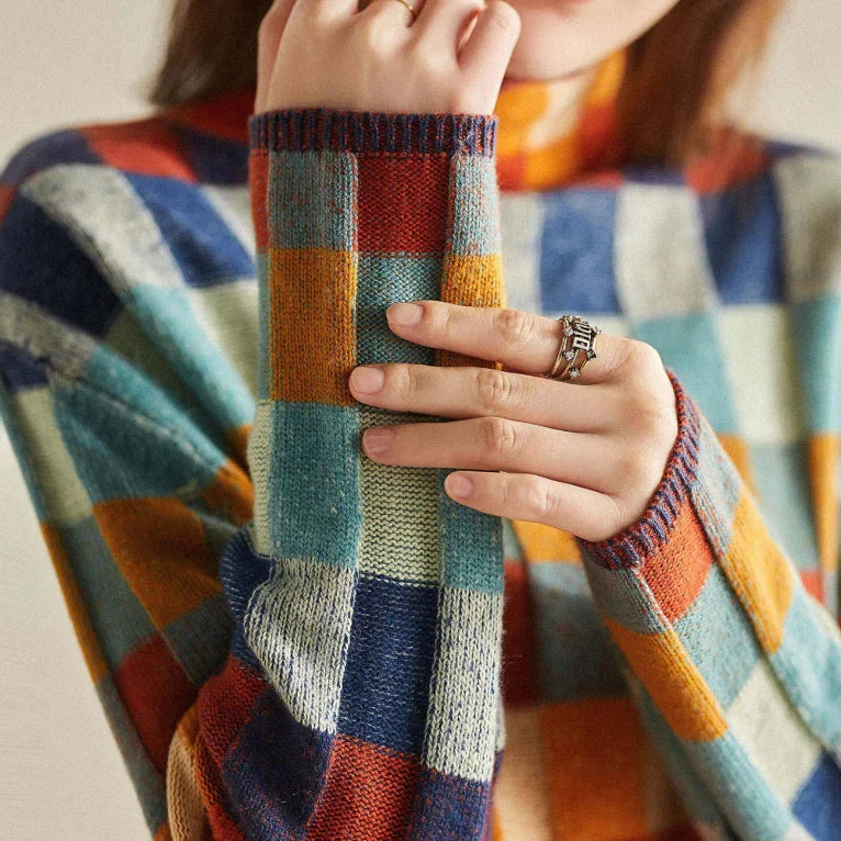 Cordelia | Women's Checked Knit Sweater Oversized High Neck