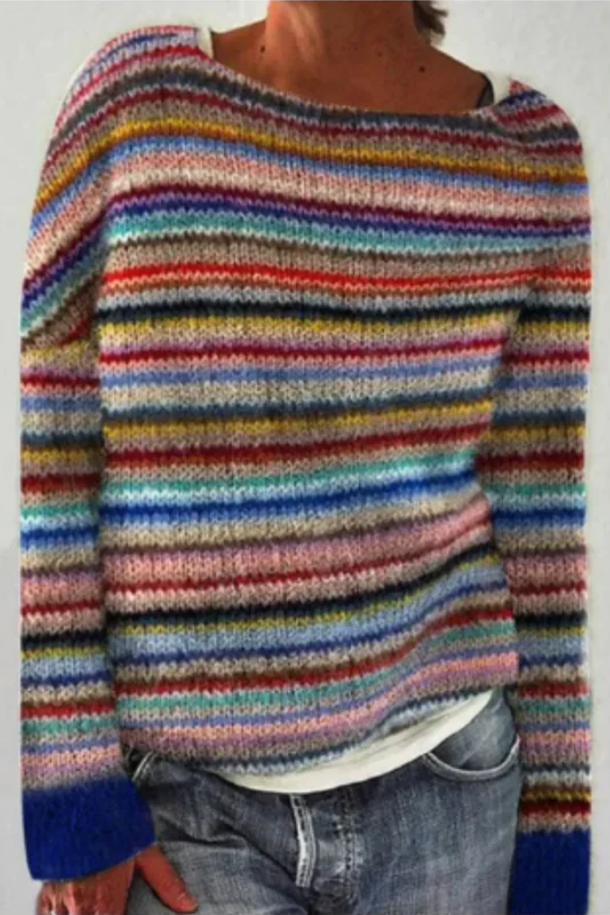 Della | Women's Striped Ribbed Sweater Boat Neck Long Sleeve