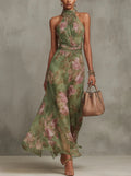 Ellora | Women's Floral Maxi Dress Halter Neck Tie Waist