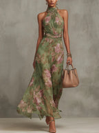Ellora | Women's Floral Maxi Dress Halter Neck Tie Waist