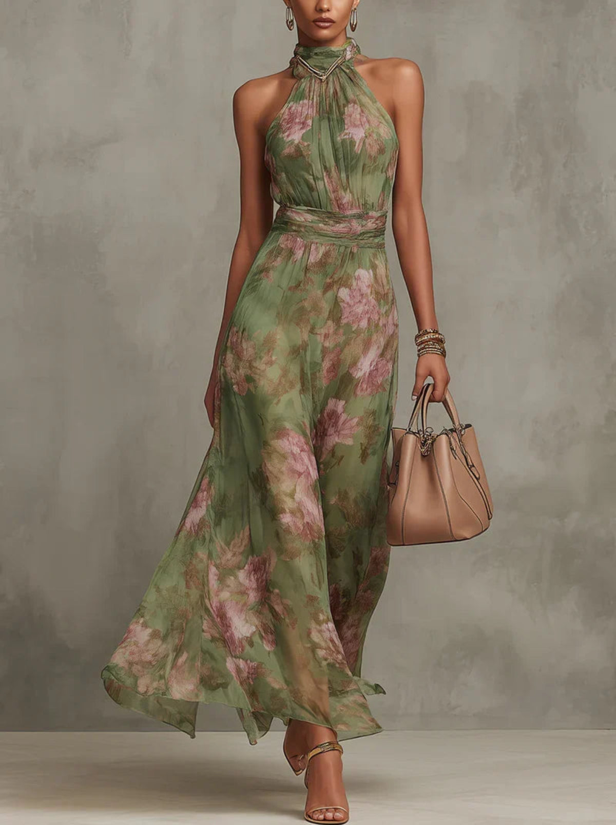 Ellora | Women's Floral Maxi Dress Halter Neck Tie Waist