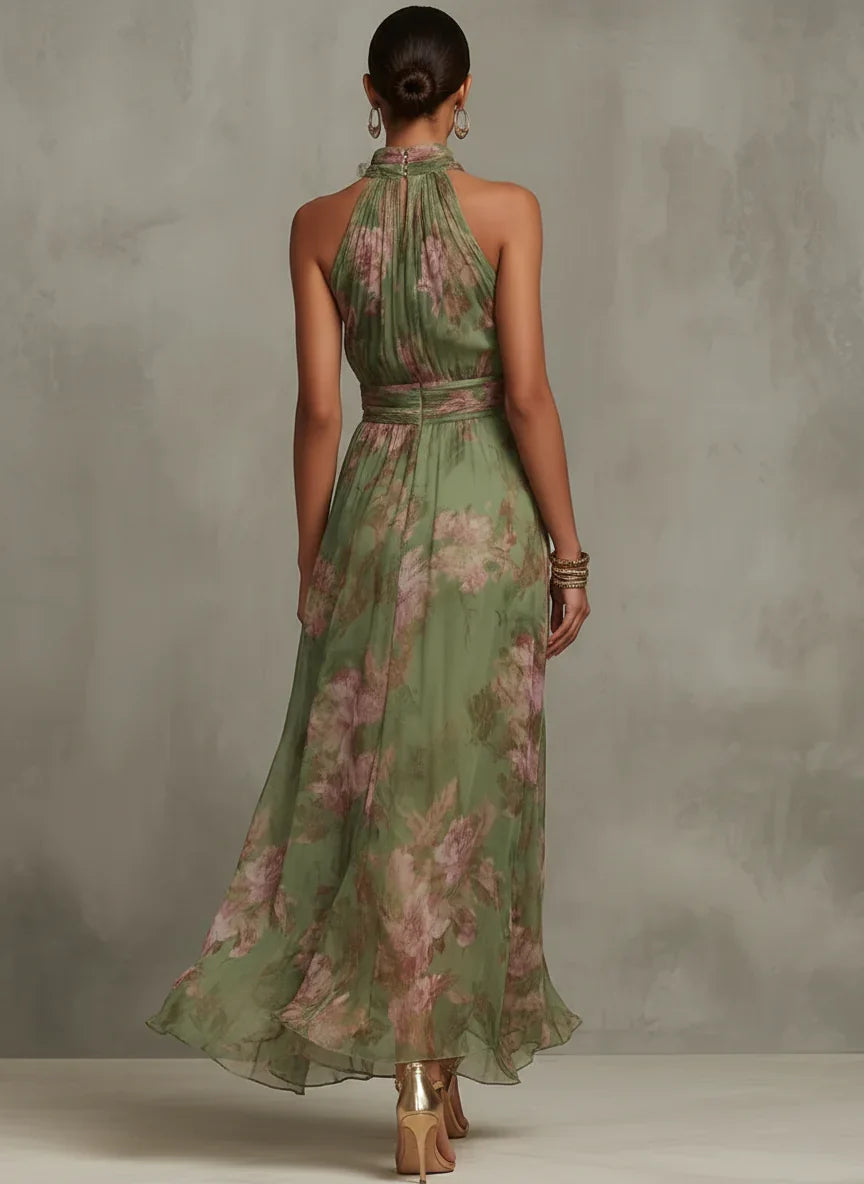Ellora | Women's Floral Maxi Dress Halter Neck Tie Waist