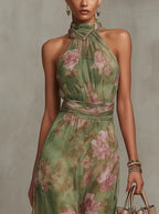 Ellora | Women's Floral Maxi Dress Halter Neck Tie Waist