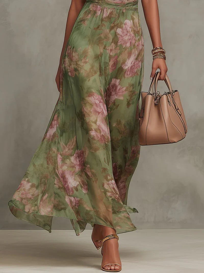 Ellora | Women's Floral Maxi Dress Halter Neck Tie Waist