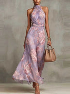 Ellora | Women's Floral Maxi Dress Halter Neck Tie Waist