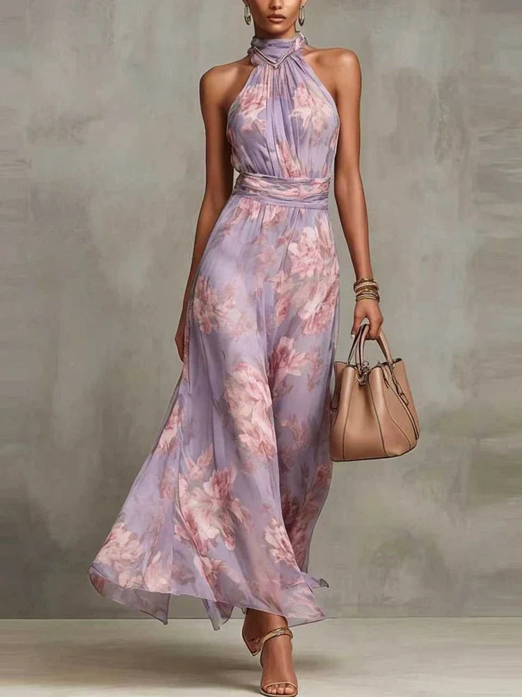 Ellora | Women's Floral Maxi Dress Halter Neck Tie Waist