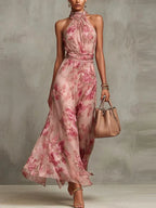 Ellora | Women's Floral Maxi Dress Halter Neck Tie Waist
