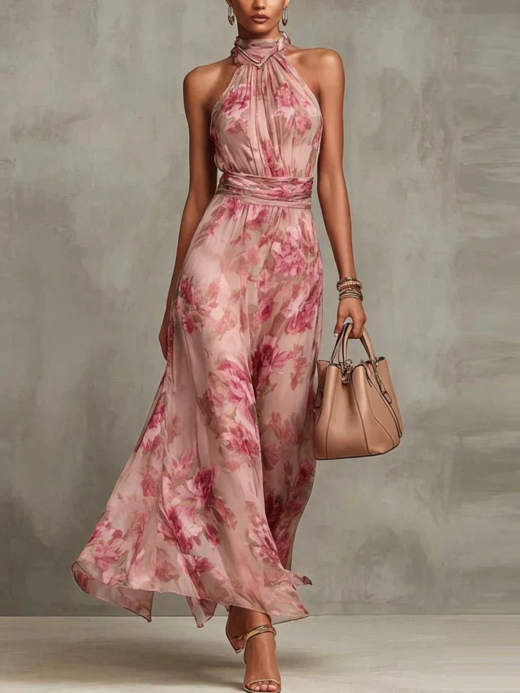 Ellora | Women's Floral Maxi Dress Halter Neck Tie Waist