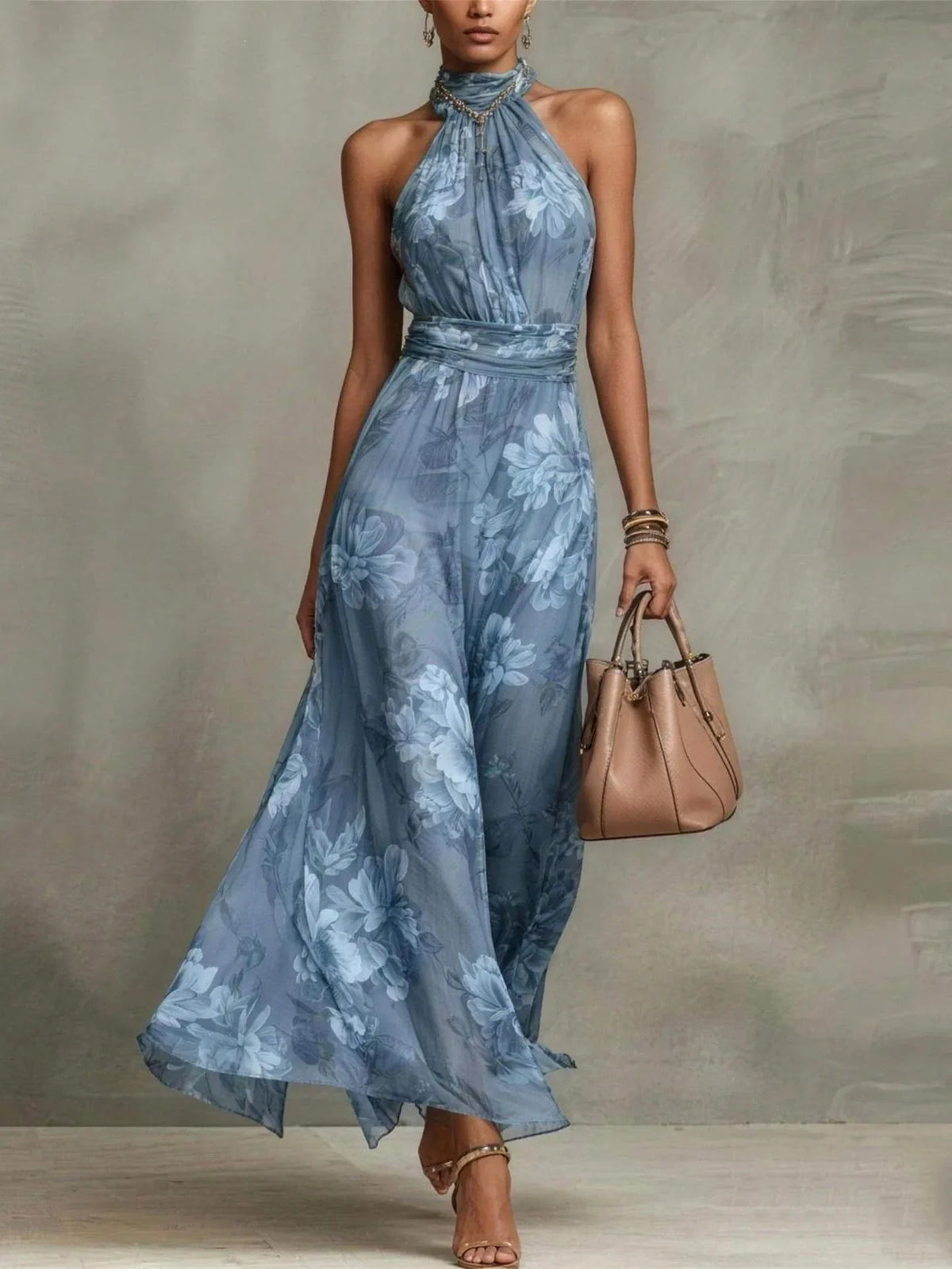 Ellora | Women's Floral Maxi Dress Halter Neck Tie Waist
