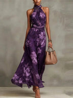 Ellora | Women's Floral Maxi Dress Halter Neck Tie Waist