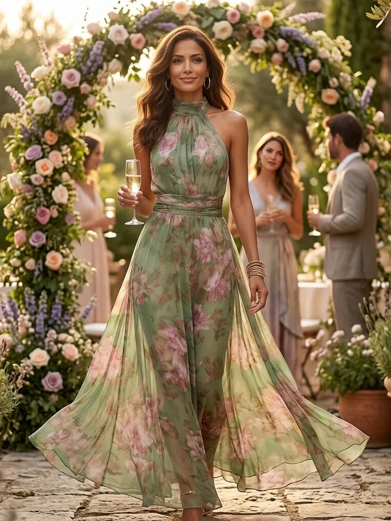 Ellora | Women's Floral Maxi Dress Halter Neck Tie Waist