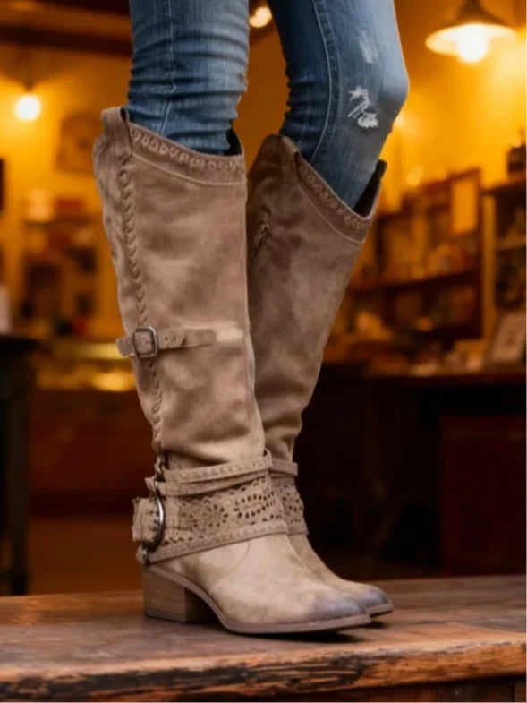 Everleigh | Women's Knee-High Boots Distressed Leather Buckle