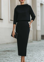Evelyn | Women's Two-Piece Set Crepe Boat Neck Midi Skirt Office
