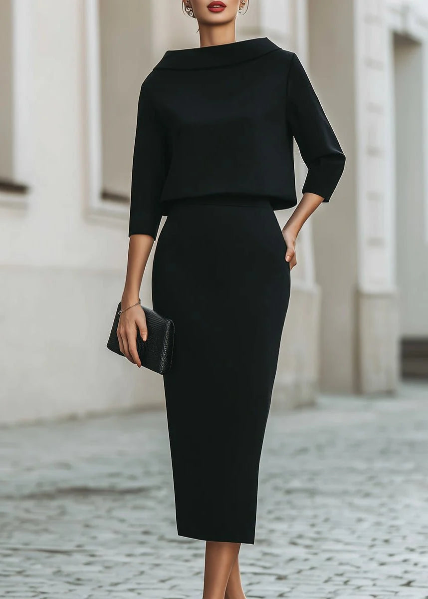 Evelyn | Women's Two-Piece Set Crepe Boat Neck Midi Skirt Office