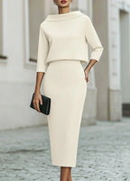 Evelyn | Women's Two-Piece Set Crepe Boat Neck Midi Skirt Office