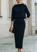 Evelyn | Women's Two-Piece Set Crepe Boat Neck Midi Skirt Office