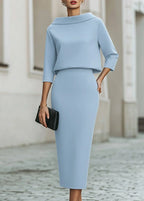 Evelyn | Women's Two-Piece Set Crepe Boat Neck Midi Skirt Office