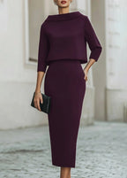 Evelyn | Women's Two-Piece Set Crepe Boat Neck Midi Skirt Office
