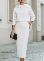Evelyn | Women's Two-Piece Set Crepe Boat Neck Midi Skirt Office