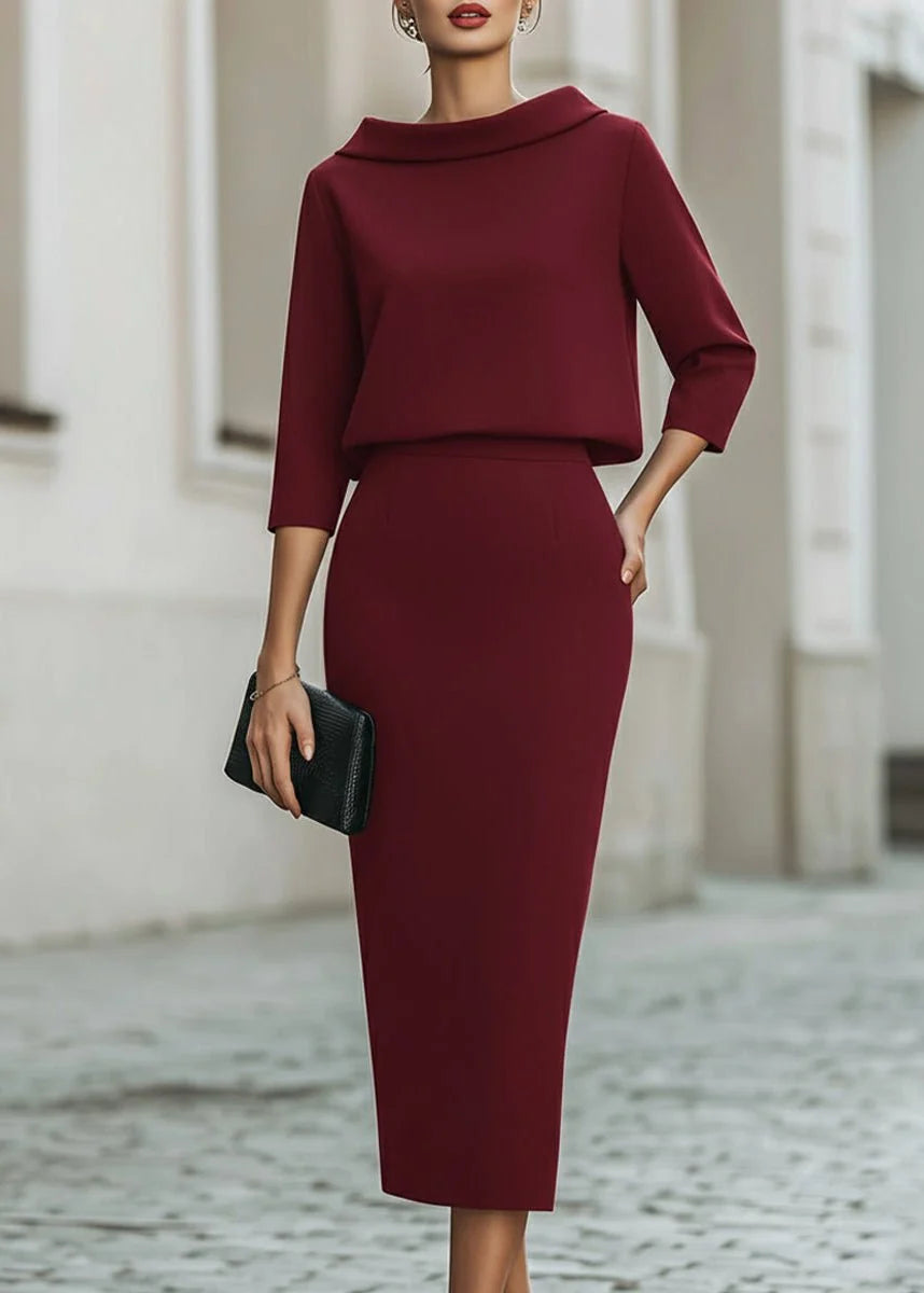 Evelyn | Women's Two-Piece Set Crepe Boat Neck Midi Skirt Office